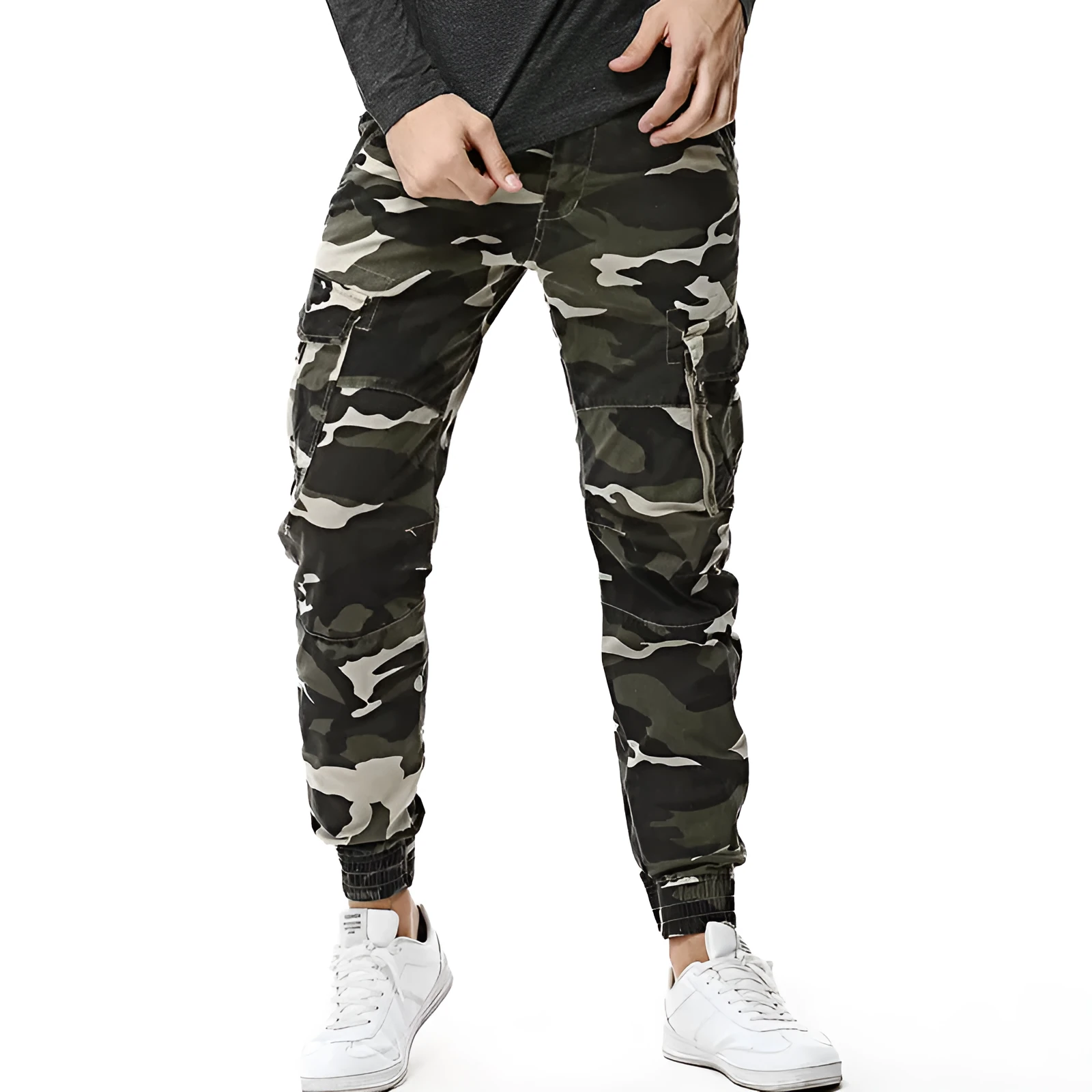 Men's outdoor camouflage trousers in blue grey camouflage colour, mid-waist, polyester fibre