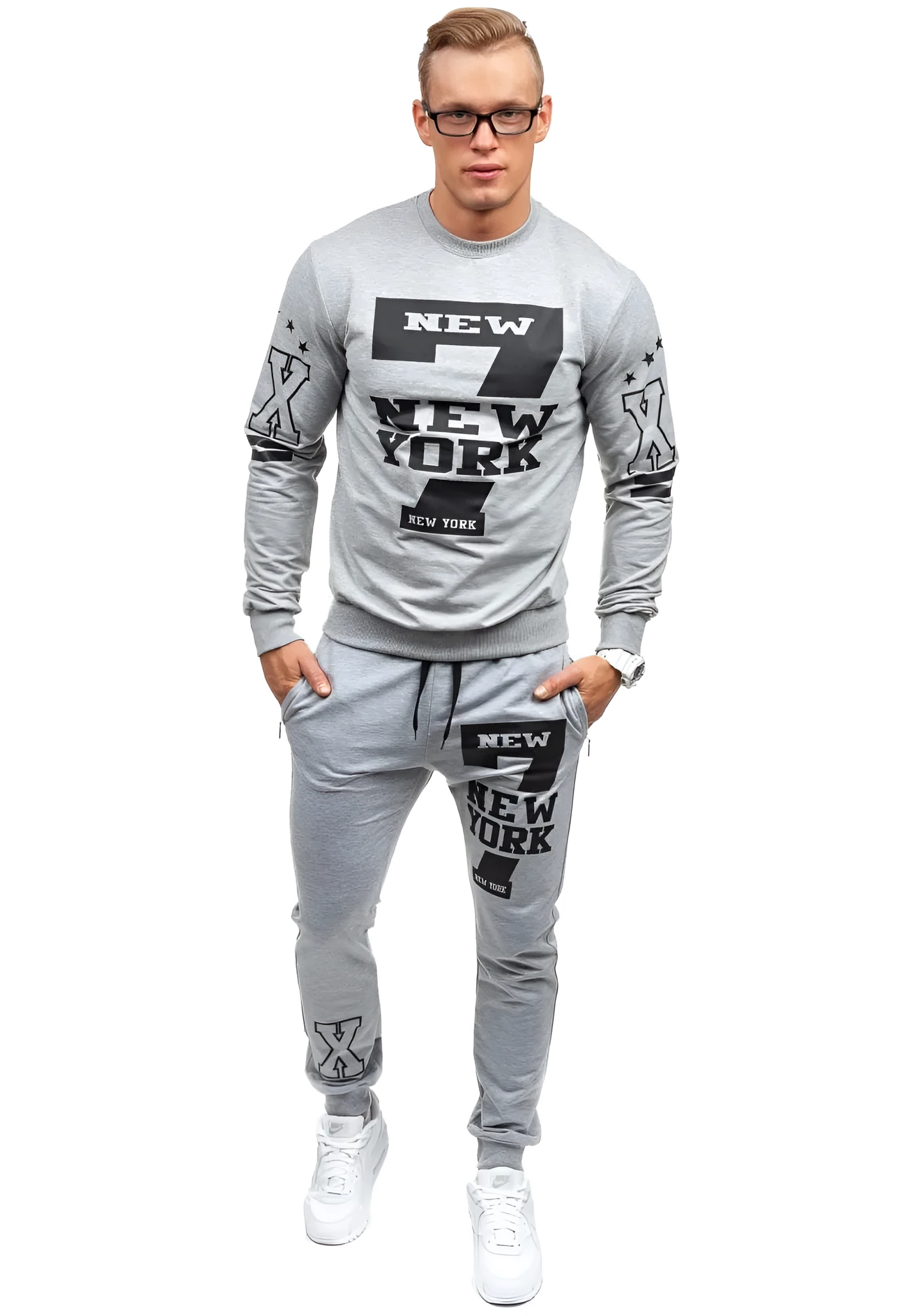 Men's cotton knitted tracksuit set in grey with long sleeve top and sweatpants