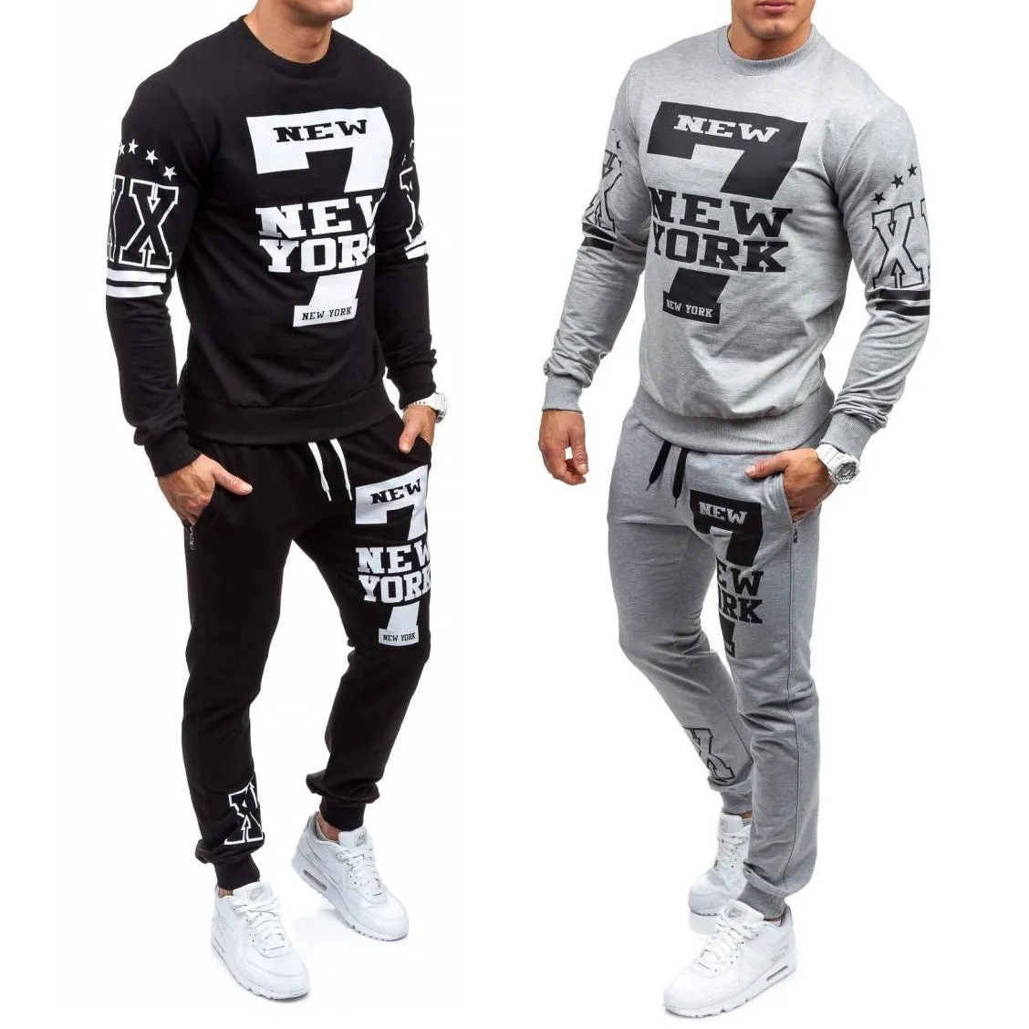 Men's cotton knitted tracksuit set in grey with long sleeve top and sweatpants