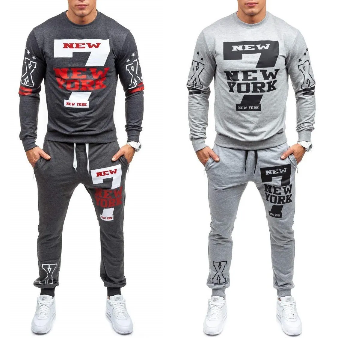 Men's cotton knitted tracksuit set in grey with long sleeve top and sweatpants