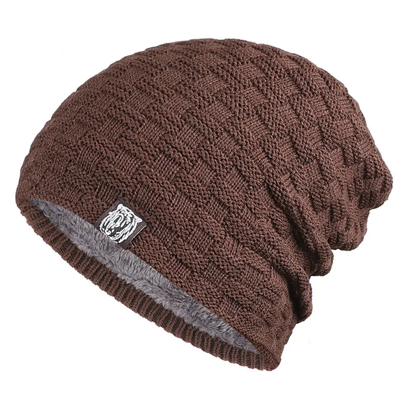 Tiger Label fleece warm men's unisex knitted cotton beanie in khaki colour