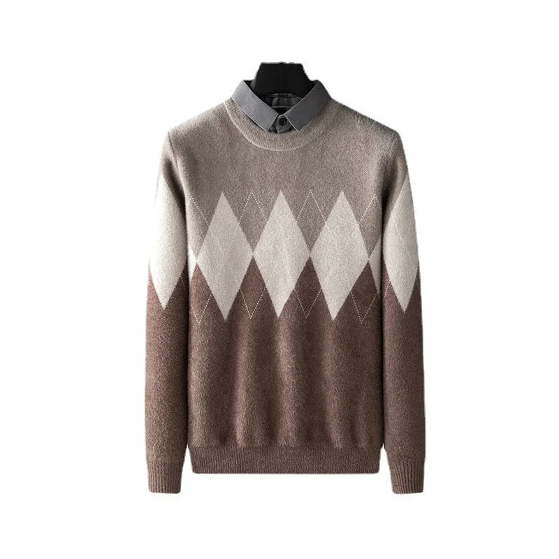 Men's diamond block imitation mink bottoming shirt in camel color for casual leisure wear