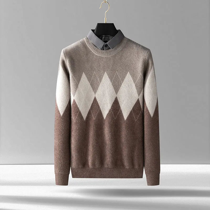 Men's diamond block imitation mink bottoming shirt in camel color for casual leisure wear