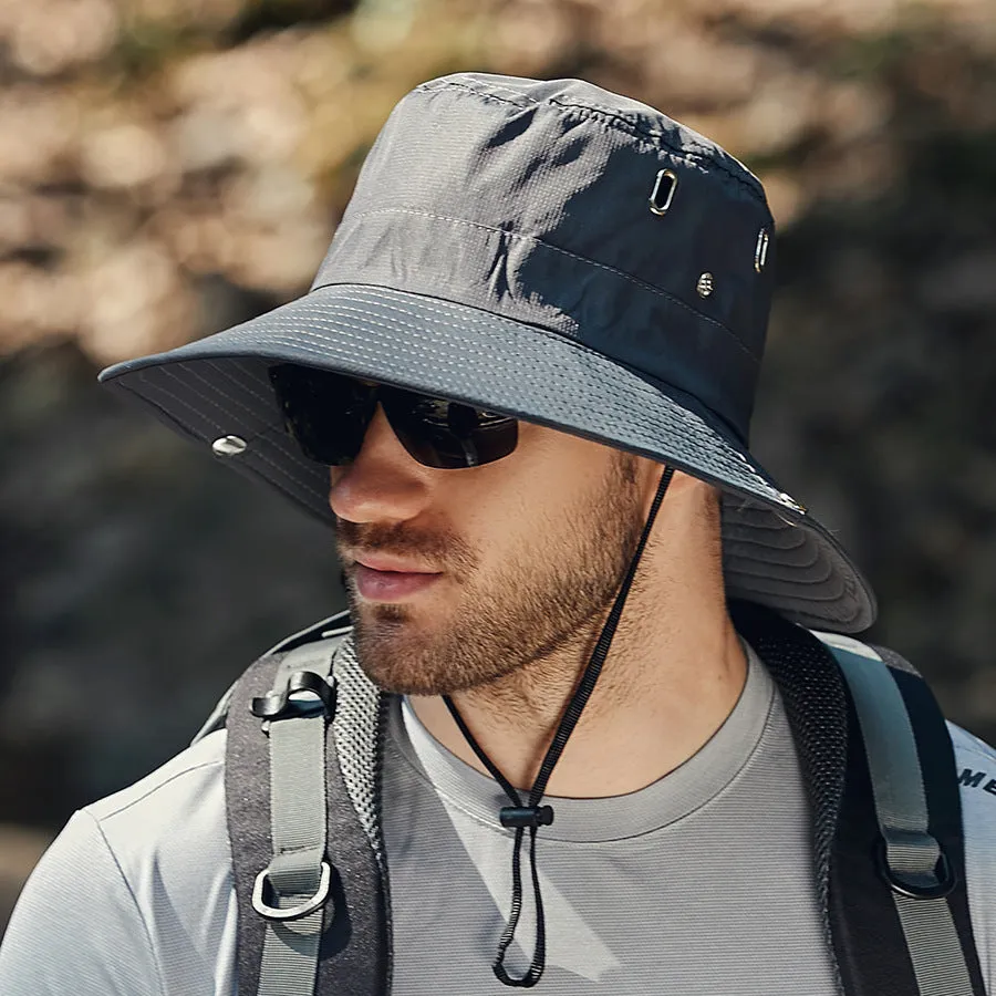 Men's big brim sun hat in khaki colour with dome crown and breathable polyester fabric