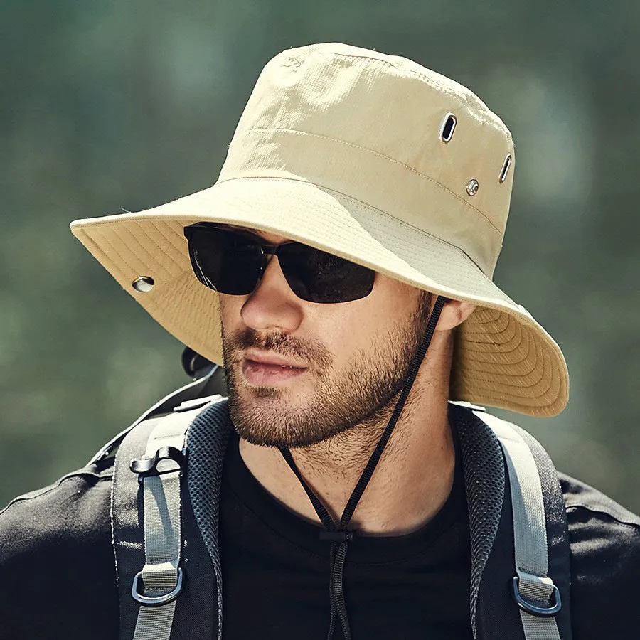 Men's big brim sun hat in khaki colour with dome crown and breathable polyester fabric