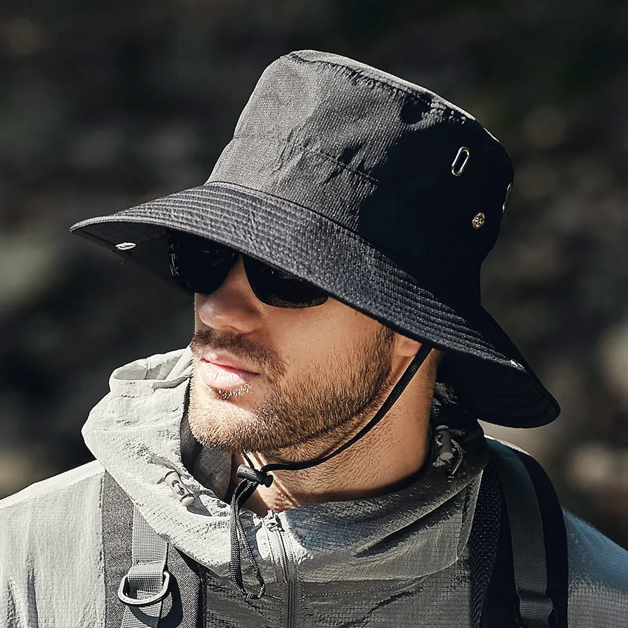 Men's big brim sun hat in khaki colour with dome crown and breathable polyester fabric
