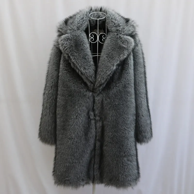 Men's dark gray imitation fox fur long-cut coat with loose fit and side pockets on a model
