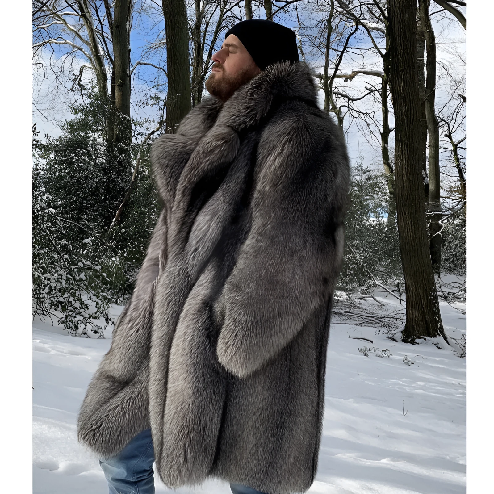Men's dark gray imitation fox fur long-cut coat with loose fit and side pockets on a model