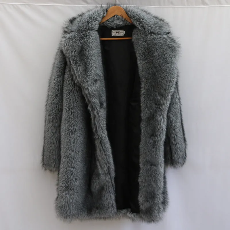 Men's dark gray imitation fox fur long-cut coat with loose fit and side pockets on a model