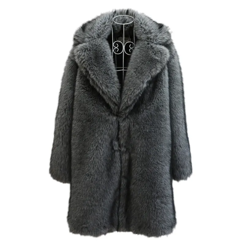 Men's dark gray imitation fox fur long-cut coat with loose fit and side pockets on a model