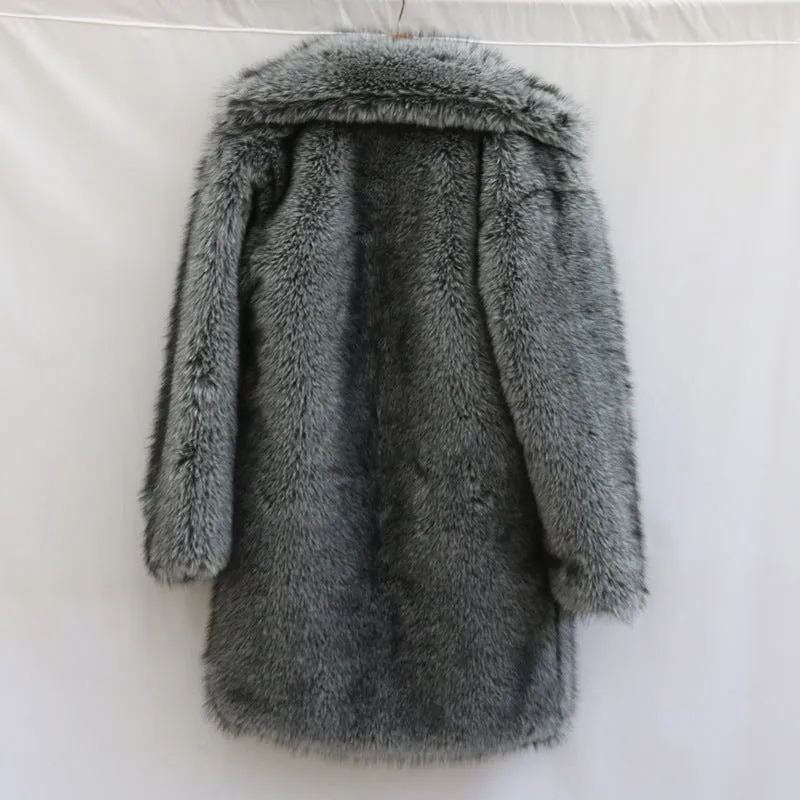 Men's dark gray imitation fox fur long-cut coat with loose fit and side pockets on a model