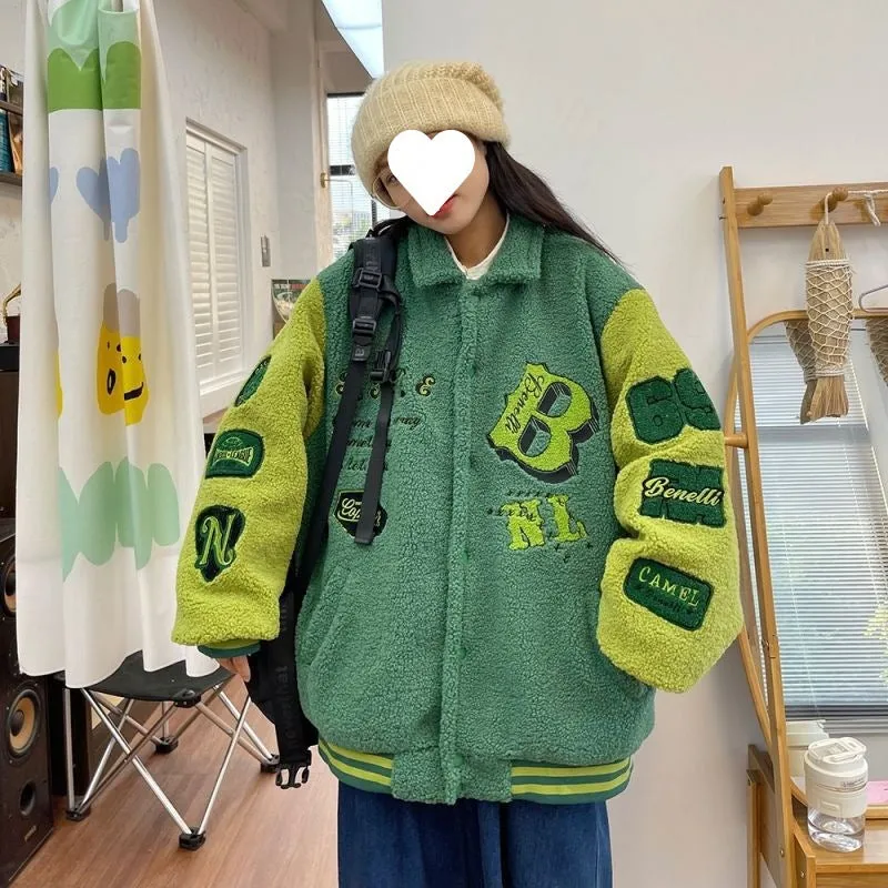 Women's plus size down thickened lambswool cotton jacket in green, college style, full zip front