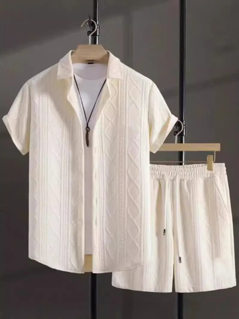 Short sleeve jacquard suit set with shorts in solid colour on a hanger