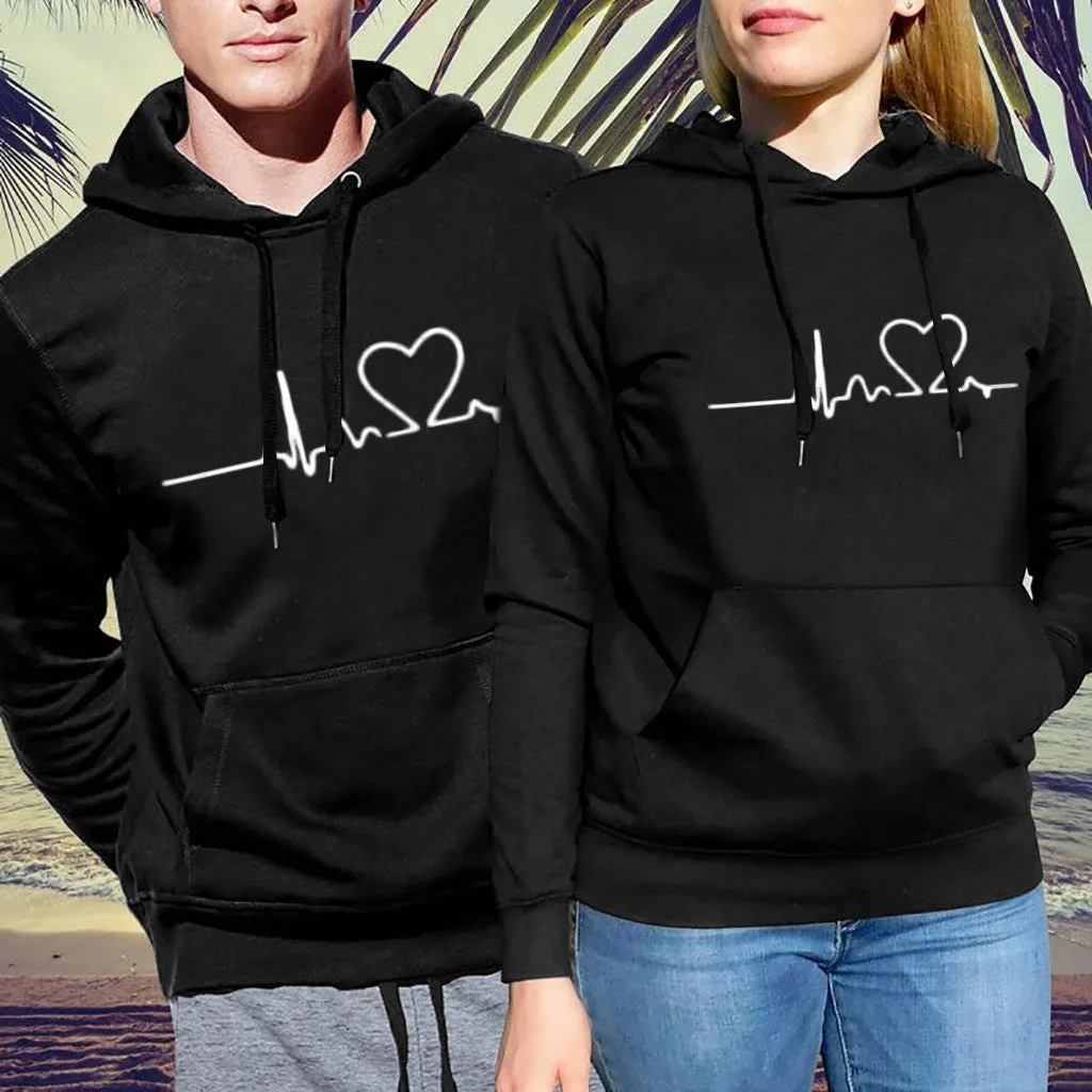 Simple print hooded couple's sweater in black, loose polyester long sleeve top