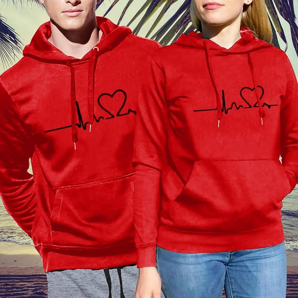 Simple print hooded couple's sweater in black, loose polyester long sleeve top