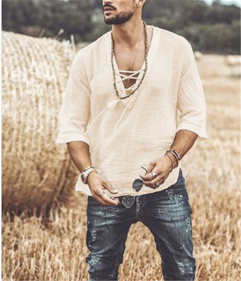 Men's V-neck casual t-shirt with chest straps and eyelets shown in apricot colour