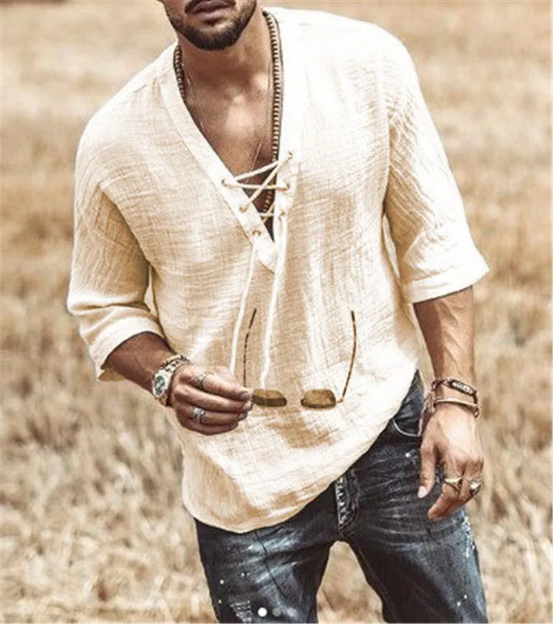 Men's V-neck casual t-shirt with chest straps and eyelets shown in apricot colour
