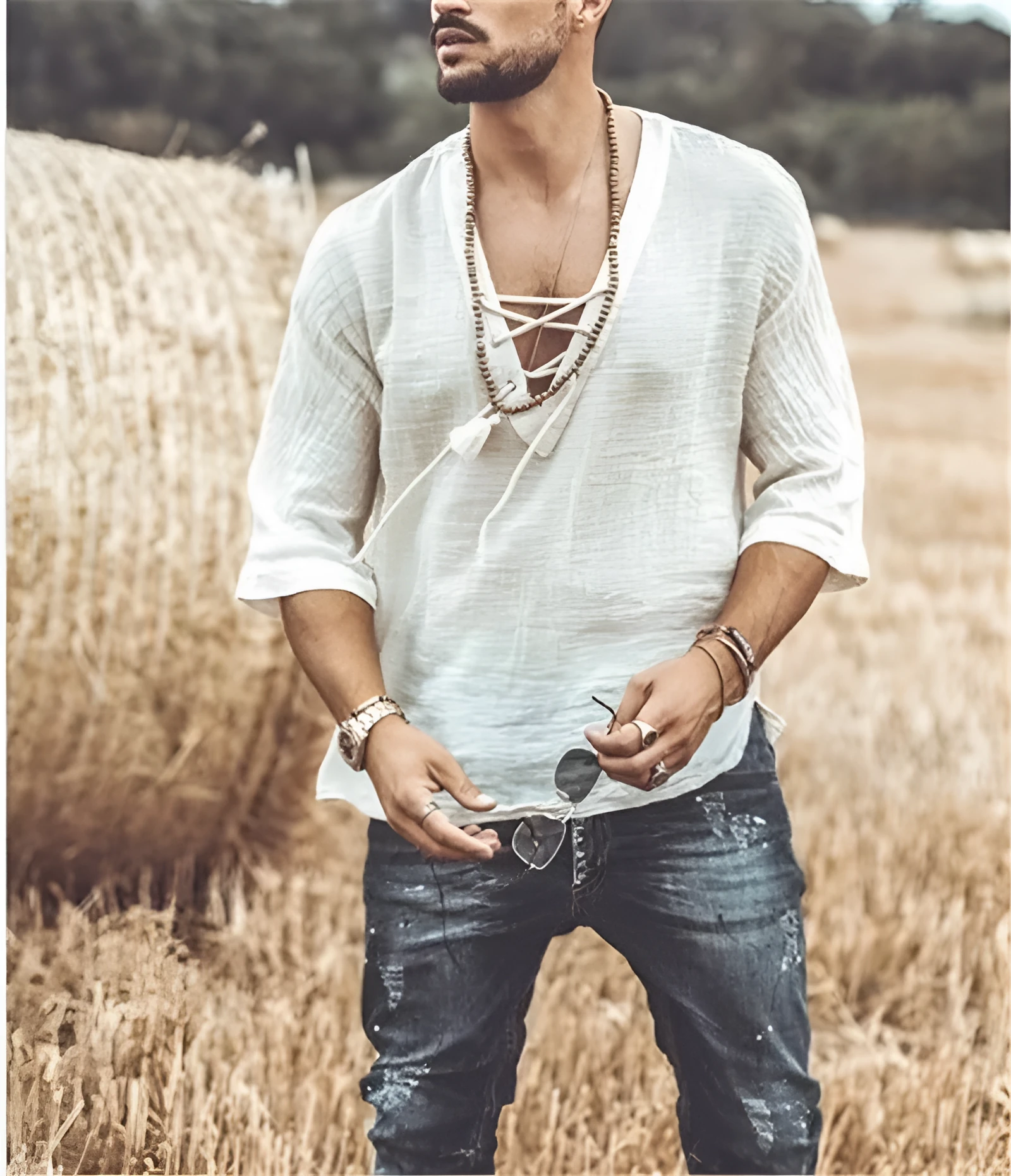Men's V-neck casual t-shirt with chest straps and eyelets shown in apricot colour
