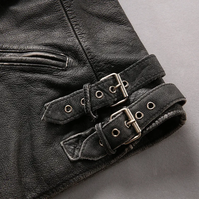 Men's distressed black cropped slim standing collar leather jacket with top layer cowhide