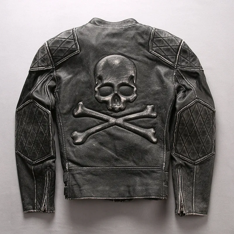 Men's distressed black cropped slim standing collar leather jacket with top layer cowhide