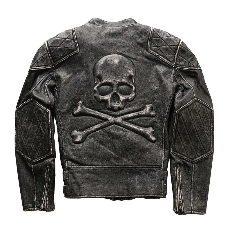 Men's distressed black cropped slim standing collar leather jacket with top layer cowhide