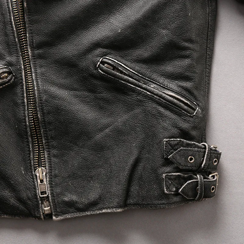 Men's distressed black cropped slim standing collar leather jacket with top layer cowhide