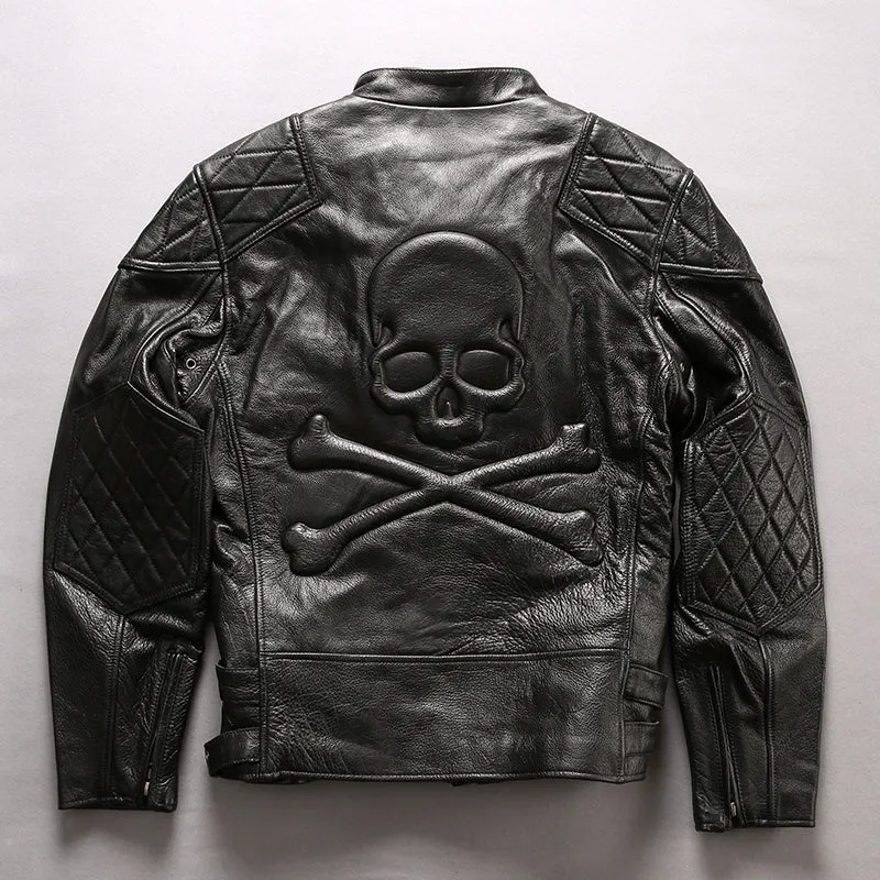 Men's distressed black cropped slim standing collar leather jacket with top layer cowhide