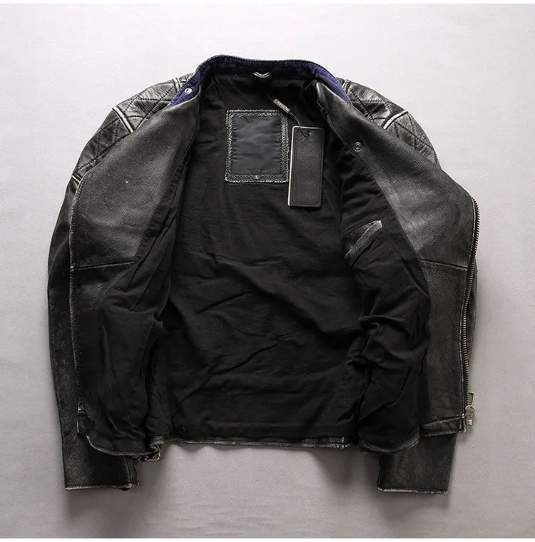 Men's distressed black cropped slim standing collar leather jacket with top layer cowhide