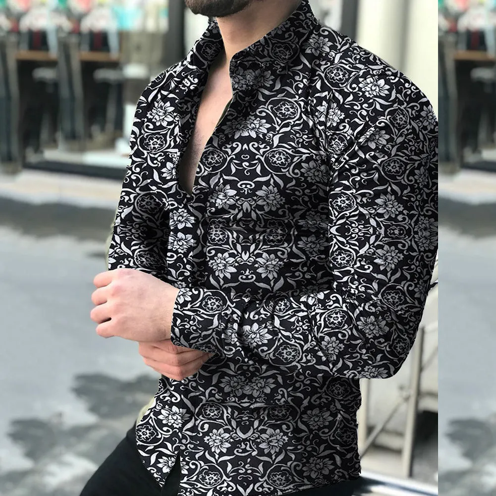 Men's long sleeve dress shirt with leaf print, stand collar, in cotton blend fabric, black colour