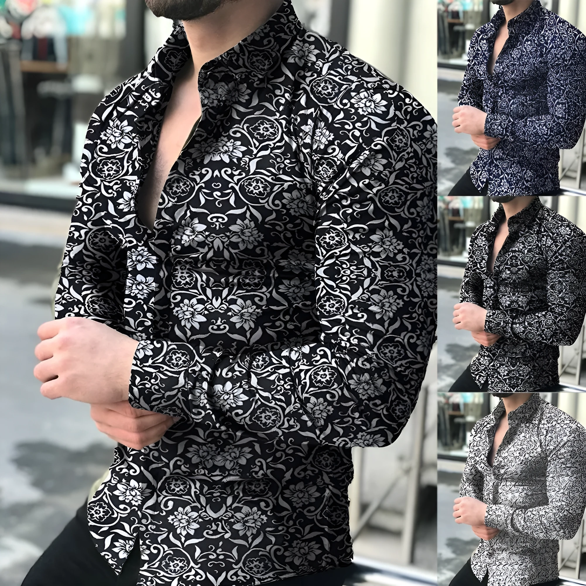 Men's long sleeve dress shirt with leaf print, stand collar, in cotton blend fabric, black colour