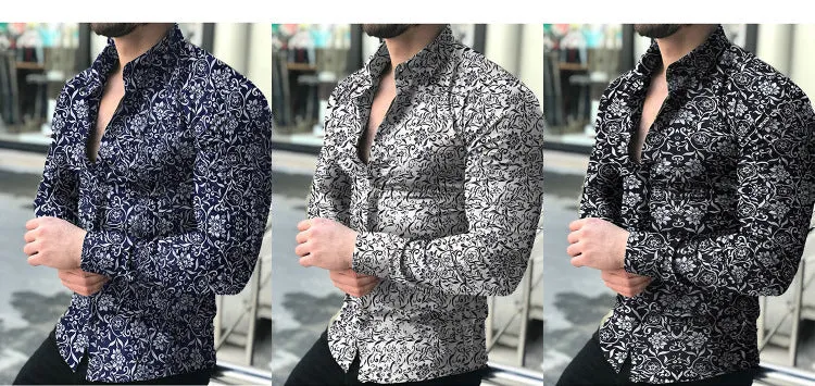 Men's long sleeve dress shirt with leaf print, stand collar, in cotton blend fabric, black colour