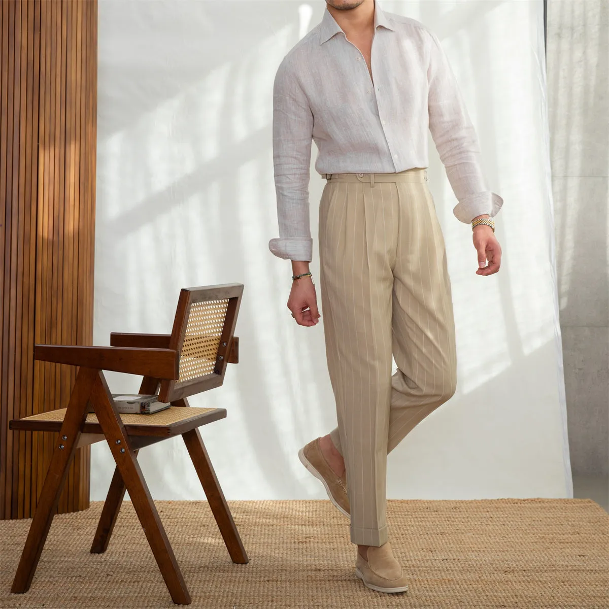 One Neckline Slim Fit Shirt For Men in blue, 100% linen fabric with semi-open collar, front view