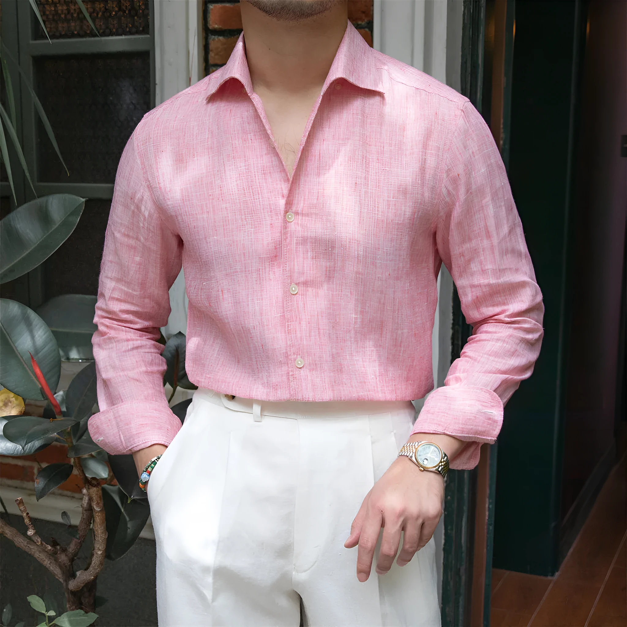 One Neckline Slim Fit Shirt For Men in blue, 100% linen fabric with semi-open collar, front view