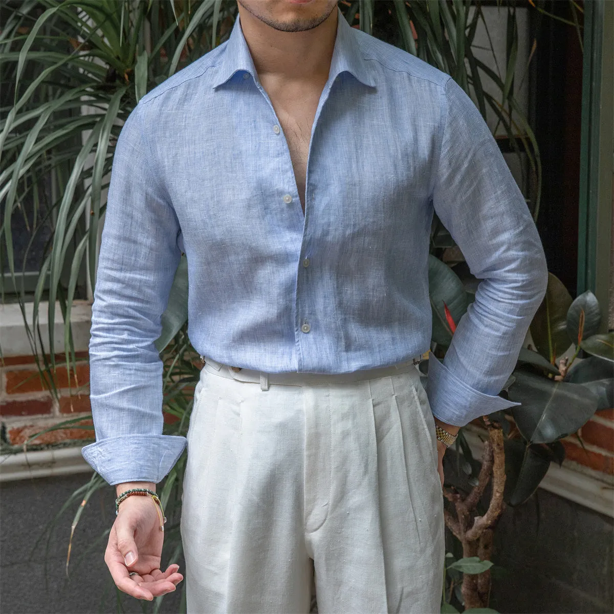 One Neckline Slim Fit Shirt For Men in blue, 100% linen fabric with semi-open collar, front view