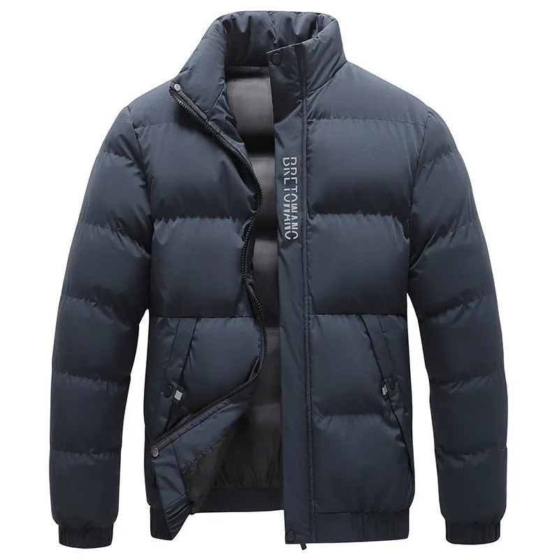 Winter men's warm padded down jacket, cotton filling, loose fit, solid colour, black, with side pockets