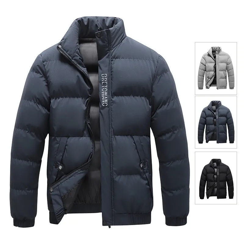 Winter men's warm padded down jacket, cotton filling, loose fit, solid colour, black, with side pockets