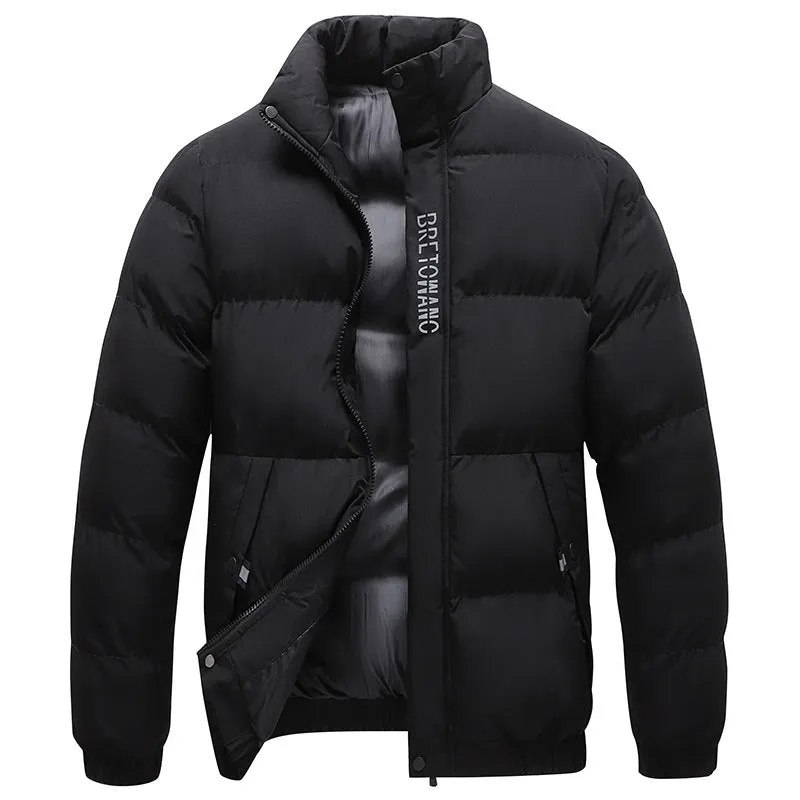 Winter men's warm padded down jacket, cotton filling, loose fit, solid colour, black, with side pockets