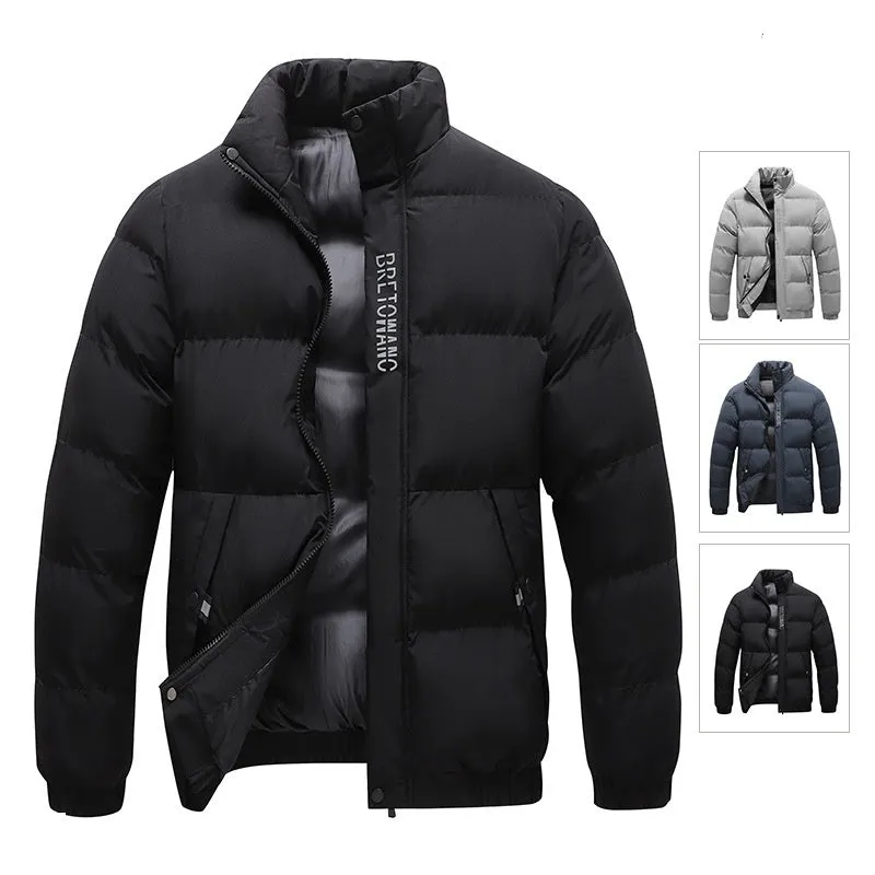 Winter men's warm padded down jacket, cotton filling, loose fit, solid colour, black, with side pockets