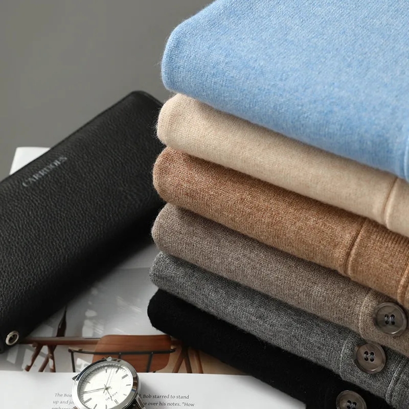Men's loose-fit V-neck cardigan coat in Andy velvet fabric shown in beige colour.