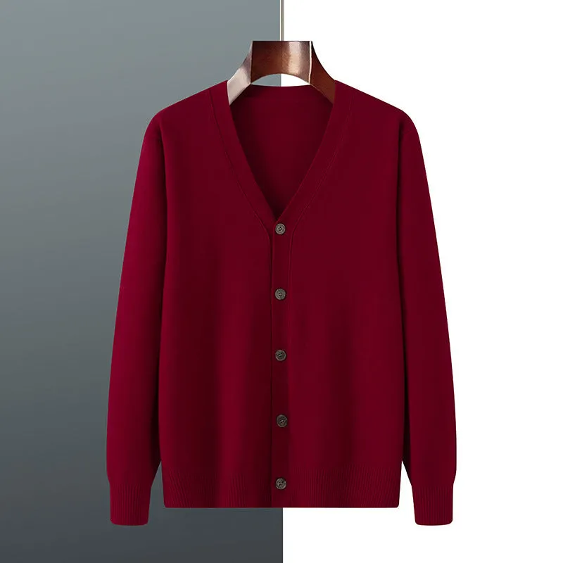 Men's loose-fit V-neck cardigan coat in Andy velvet fabric shown in beige colour.