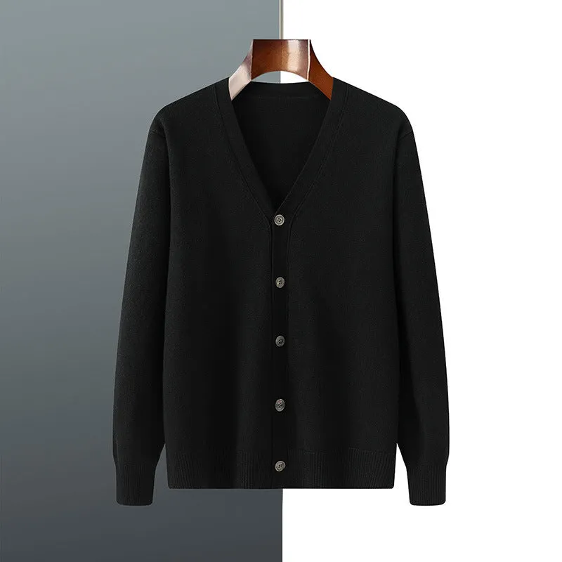 Men's loose-fit V-neck cardigan coat in Andy velvet fabric shown in beige colour.
