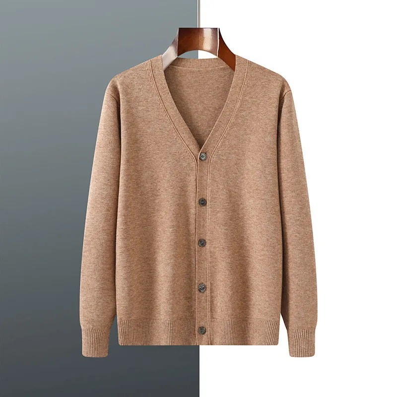 Men's loose-fit V-neck cardigan coat in Andy velvet fabric shown in beige colour.