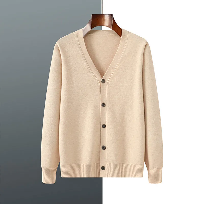 Men's loose-fit V-neck cardigan coat in Andy velvet fabric shown in beige colour.