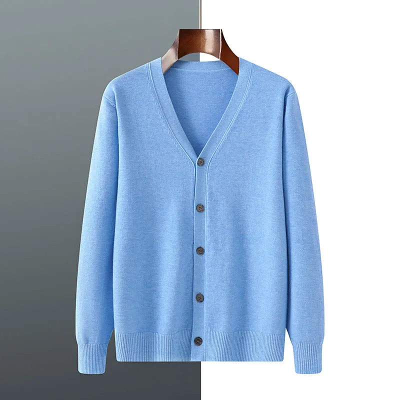 Men's loose-fit V-neck cardigan coat in Andy velvet fabric shown in beige colour.
