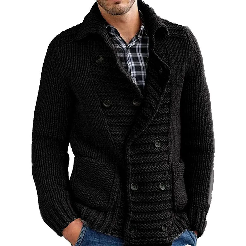 Men's cotton blended loose fit lapel cardigan jacket in solid colour, front view