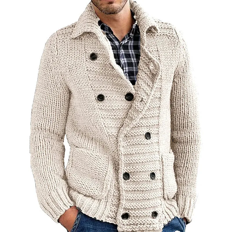 Men's cotton blended loose fit lapel cardigan jacket in solid colour, front view