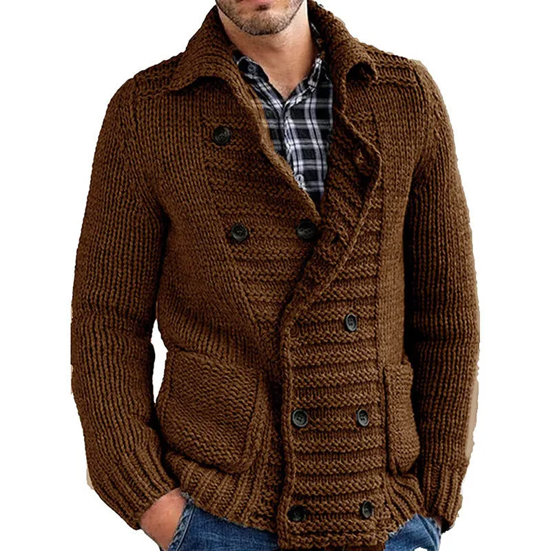 Men's cotton blended loose fit lapel cardigan jacket in solid colour, front view