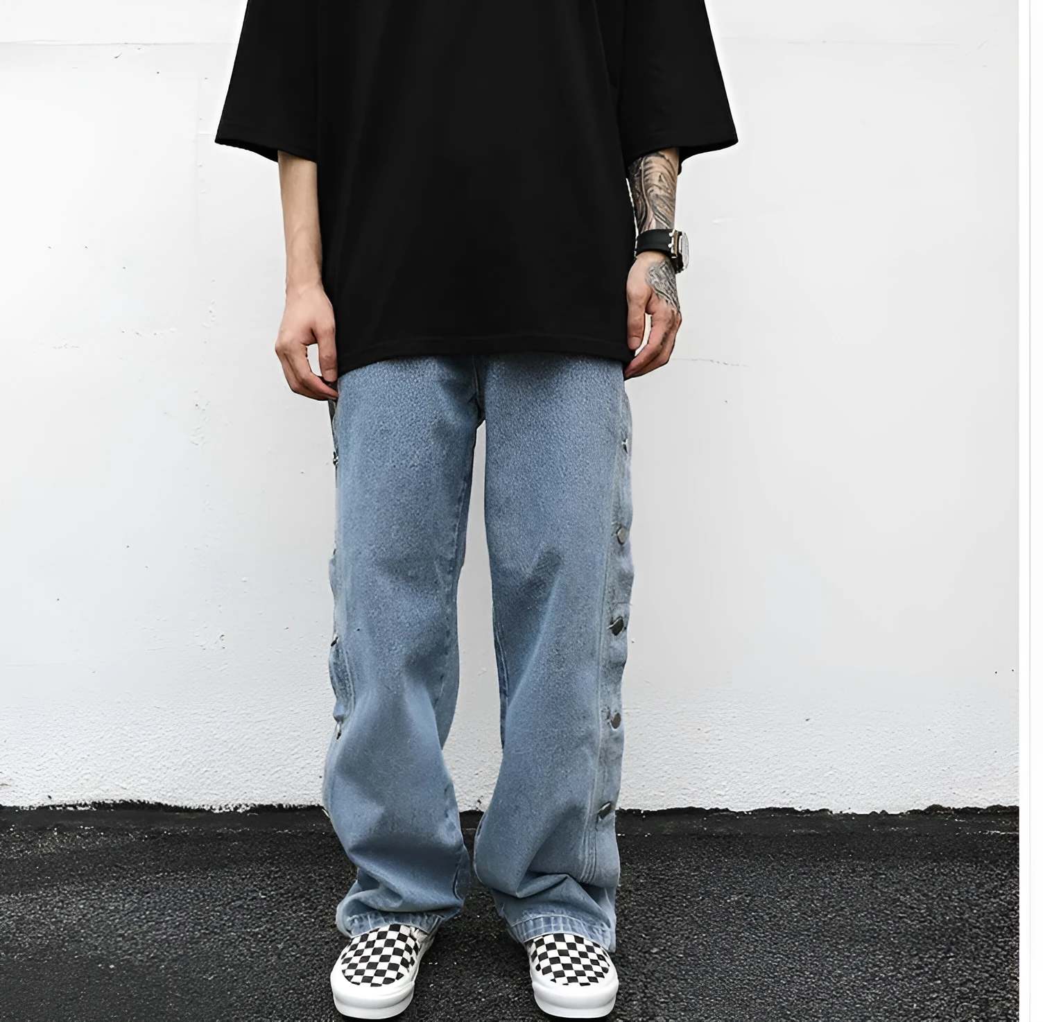 Women's straight loose jeans in black cotton with zip fly, mid-low waist, sizes M L XL