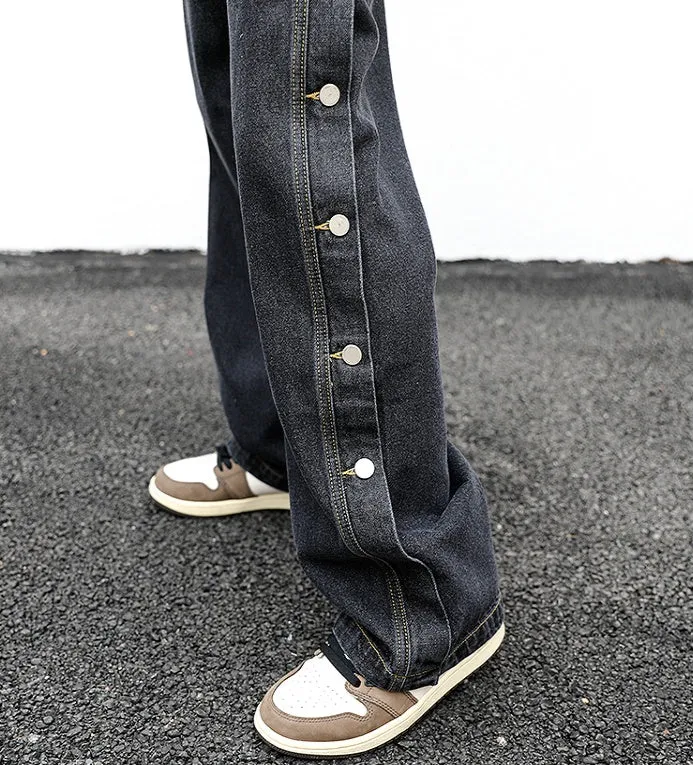 Women's straight loose jeans in black cotton with zip fly, mid-low waist, sizes M L XL