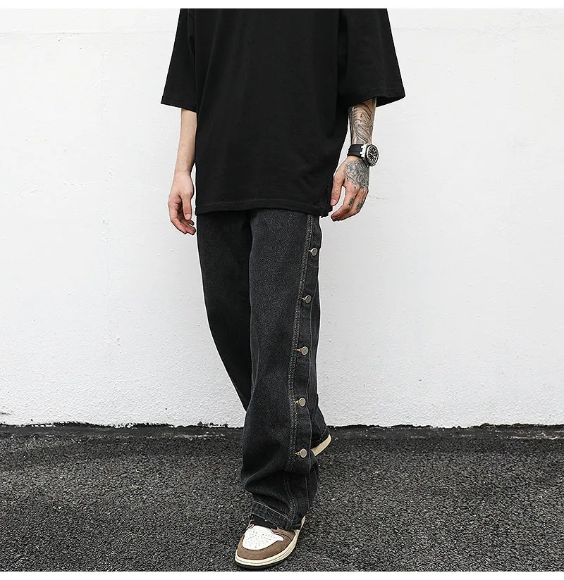 Women's straight loose jeans in black cotton with zip fly, mid-low waist, sizes M L XL